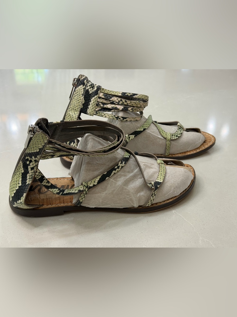 Sam Edelman Gwenna Green Snakeskin Gladiator Sandals Strappy Zip Back, 8.5